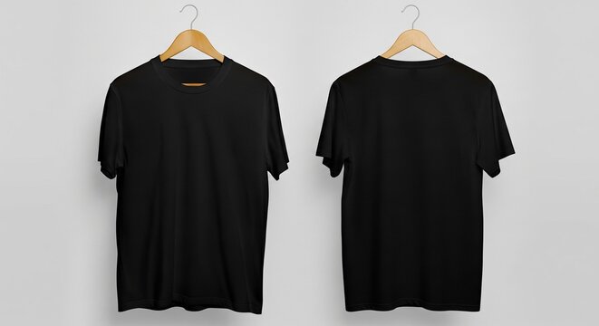 Two black T-shirts hang on wooden hangers against a neutral gray backdrop displaying front and back views for apparel design mockups