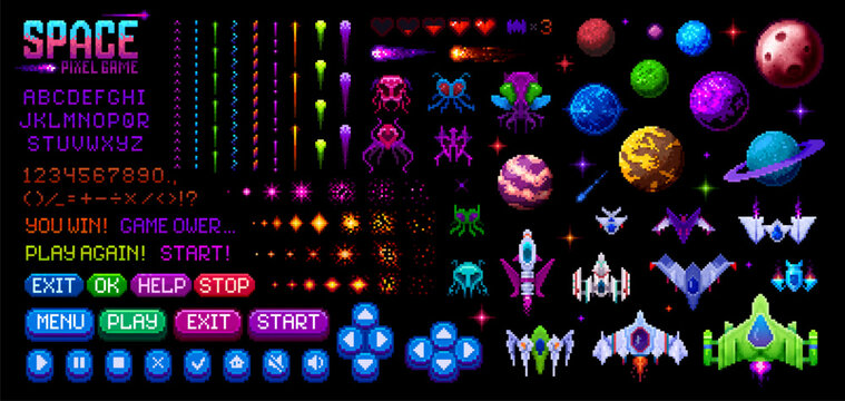8 bit pixel galaxy space arcade video game interface and GUI elements, vector icons. 8bit pixel space game planets, galaxy alien monsters and rocket shoot with menu buttons of controls and navigation