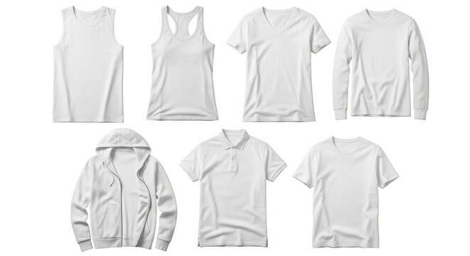 White apparel mockup featuring a tank top racerback t-shirt long sleeve shirt polo shirt and hoodie on a clean background