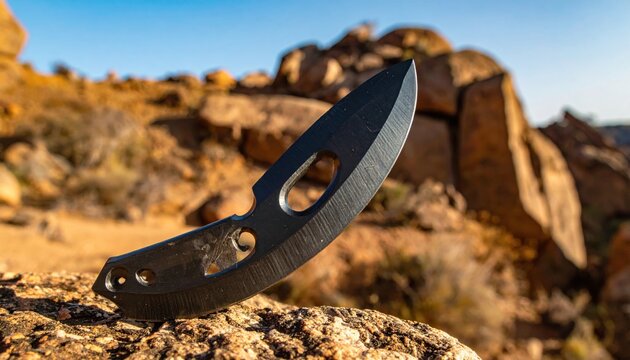 A sharply honed obsidian blade rests on a rough stone, showcasing ancient toolmaking in a rugged outdoor setting
