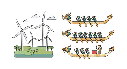Set of dragon boat racing illustrations and wind turbine landscape vector graphics © jaka-Stock