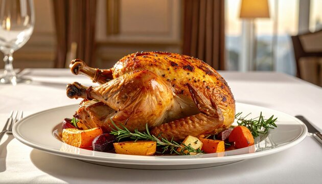 Golden roasted chicken with crispy skin, served with colorful root vegetables and fresh herbs on a white plate