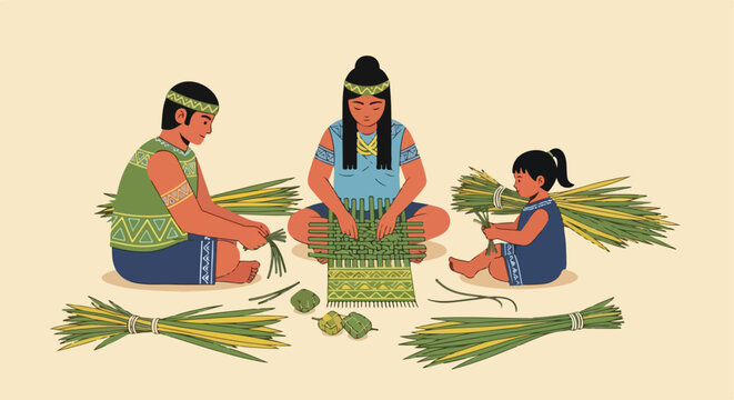 Family of indigenous people sitting and weaving mats with long green palm leaves