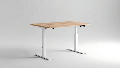 Fototapeta premium A modern, minimalist light wood standing desk with white adjustable legs is prominently displayed against a clean background.