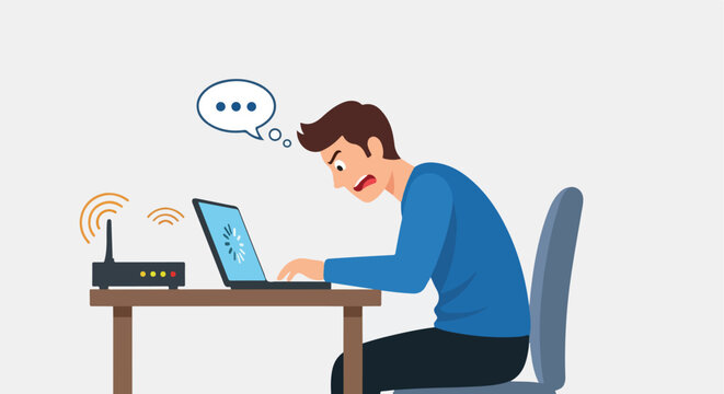 Angry man frustrated by slow internet loading on laptop at desk with wifi router