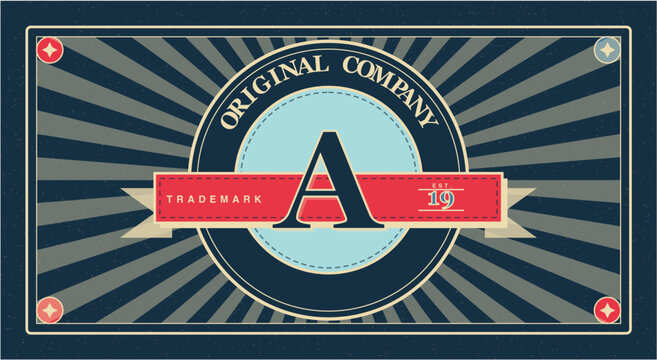 Vintage original company trademark badge. Letter A monogram, red ribbon banner and retro sunburst background. Classic authentic corporate identity vibe. Vector isolated label template.