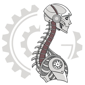 Steampunk robot profile with gear background science fiction steampunk mechanical illustration abstract cogwheel technology artificial