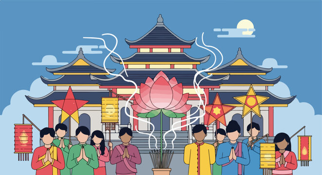 People with lanterns and a lotus at a pagoda temple under a moonlit night sky