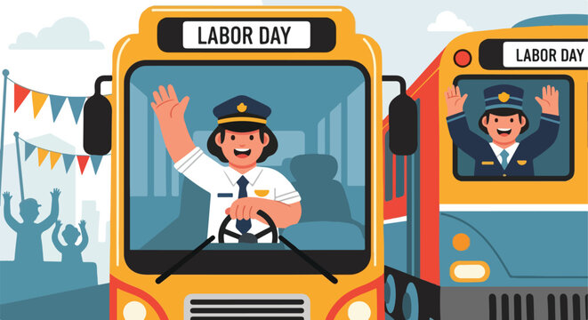 Smiling uniformed workers wave from yellow buses during a Labor Day celebration