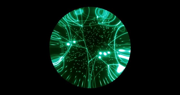 Seamless loop. An abstract luminous sphere demonstrates the dynamic motion of particles moving in a circle. The internal structure of many intertwining lines and dots alternately disintegrates and ref