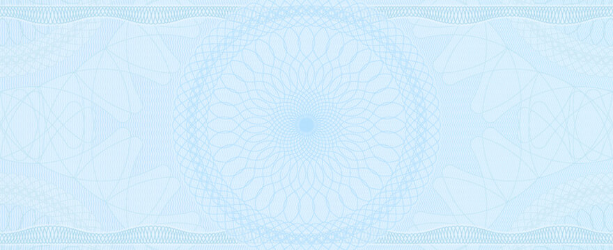 Checkbook cheque voucher and money guilloche pattern security watermark, vector grid texture background. Blue guilloche texture with concentric rosettes and thin curved filigree lines