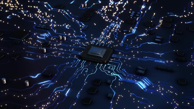 Microchip integrated complex digital circuit board, high tech electronics computing data flow motherboard in pc. Processor circuits electronic CPU. Hardware communication, cloud computing processing.