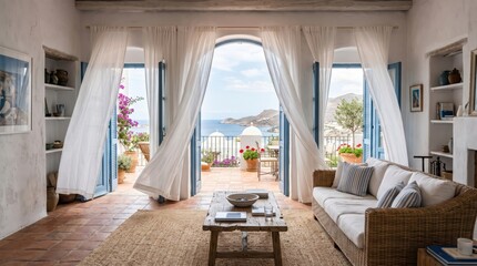 Obraz premium Mediterranean living room with sea view and open balcony doors for coastal background and interior design inspiration