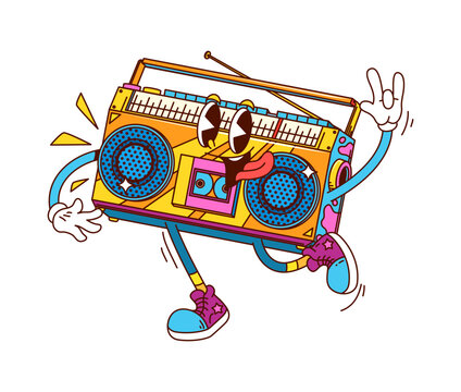 Cartoon retro groovy tape recorder character featuring bright funky colors, buttons, antenna and speakers. Isolated vector vintage boombox personage in sneakers and gloves, smiles and flashing rock