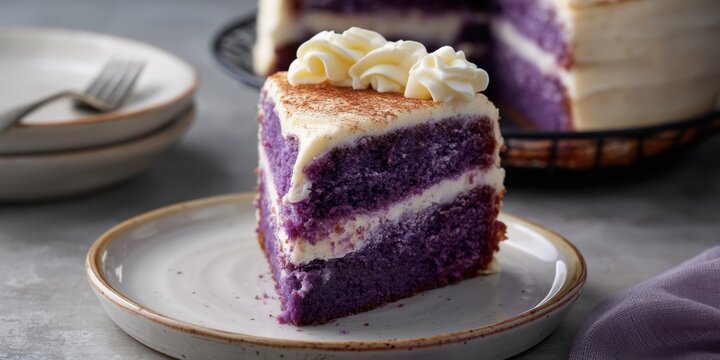 Single slice of ube layer cake with cream frosting dusted with cocoa on plate for bakery menu background and dessert poster
