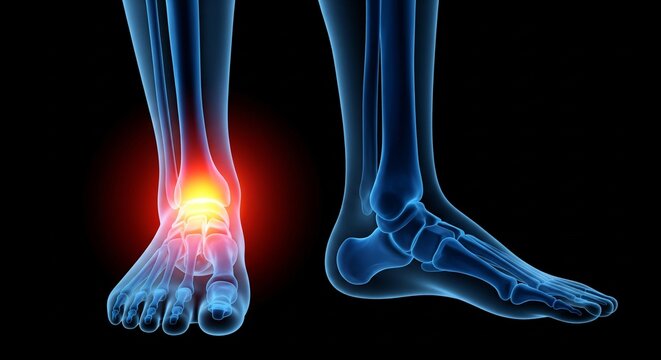3D illustration of human foot and ankle bones with red glowing inflammation on the ankle joint