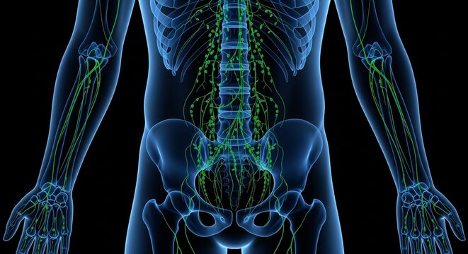 3D illustration of human lymphatic system with lymph nodes and vessels shown in green against blue skeleton outline