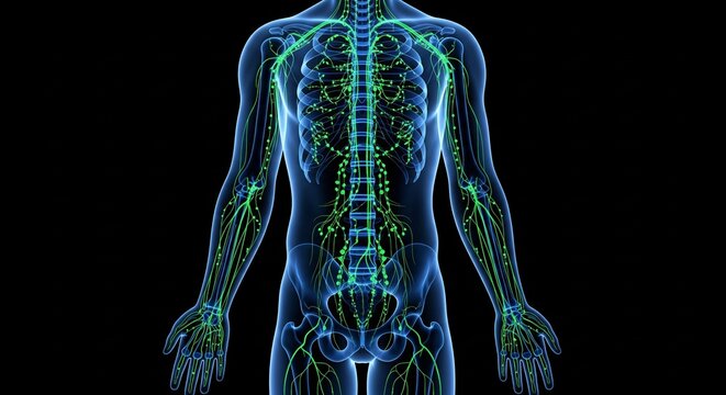 3D illustration of human lymphatic system with glowing green nodes and vessels on black background