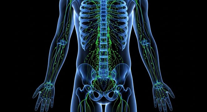 3D illustration of human lymphatic system showing lymph nodes and vessels throughout the body