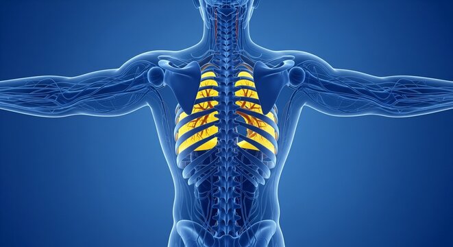 3D illustration of human rib cage and lungs highlighted in yellow against blue anatomical background