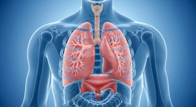 3D illustration of human respiratory system lungs trachea and diaphragm on blue gradient background