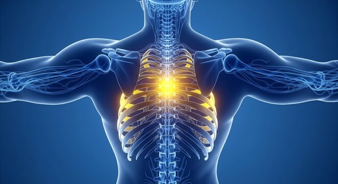 3D illustration of human rib cage with glowing yellow sternum and chest cavity on blue background =