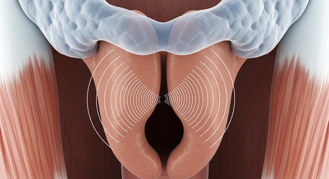 3D illustration of vocal cords vibrating with sound waves emanating outwards in a medical or scientific context