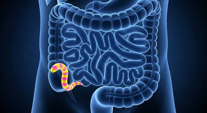 3D Medical Illustration of Human Appendix with Vivid Colors highlighting its location within the intestinal tract