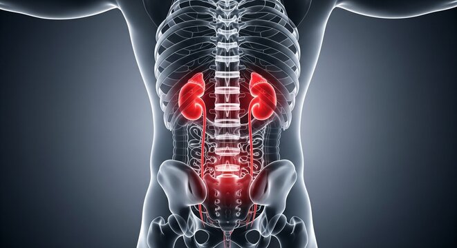 3D medical illustration of human kidneys ureters and spine in transparent body view