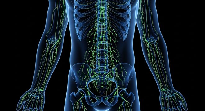 3D medical illustration of human lymphatic system with nodes and vessels in blue and green tones