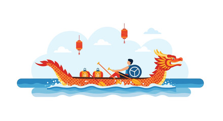 Dragon boat race with a rower and traditional lanterns © Oke-STOCK