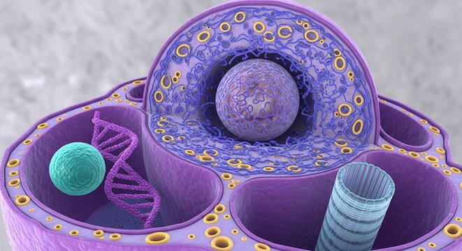 3D microscopic illustration of a cell nucleus with DNA centrosome and spherical organelle