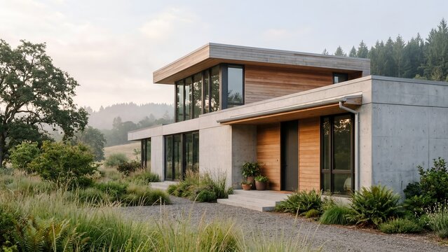 Modern luxury home with concrete and wood exterior in a foggy rural landscape
