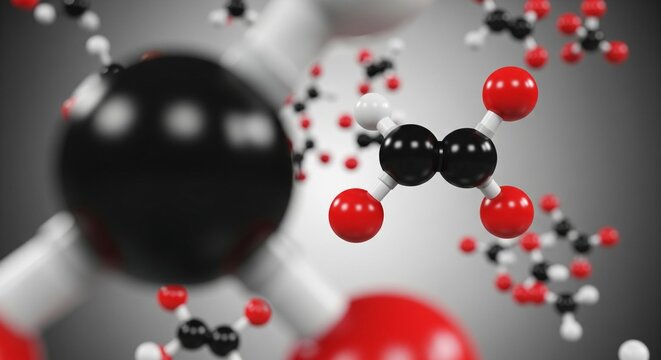 3D molecular model of acetic acid molecule with red oxygen atoms black carbon white hydrogen atoms