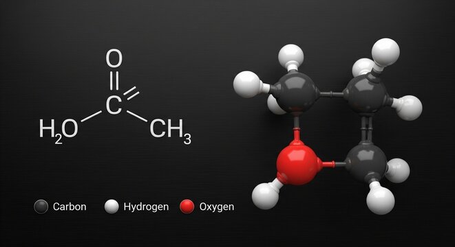 3D molecular model of acetic acid with chemical structure formula on black background