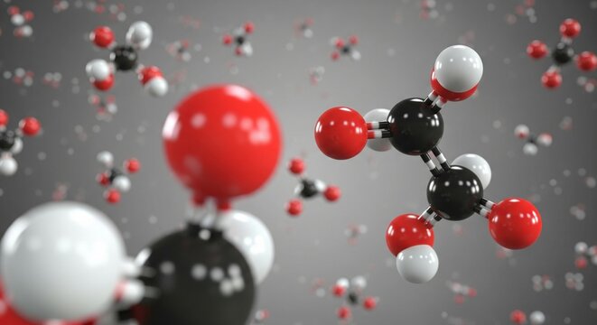 3D molecular model of Acetic Acid with red black and white atoms on a grey background