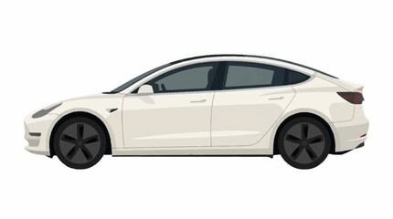 Fototapeta premium Side profile of a white Tesla Model 3 electric sedan with black wheels and tinted windows, isolated on a white background.