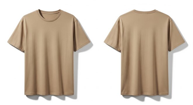 Simple tan crew neck t-shirt on a white background a wardrobe staple ideal for customizing with prints and designs perfect for everyday casual wear