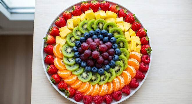 Colorful Rainbow Fruit Platter with Sliced Kiwi Strawberry Blueberry Grape and Orange for Healthy Diet