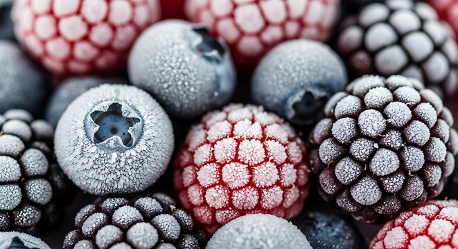 Macro View of Frozen Mixed Berries with Frost Crystals Background