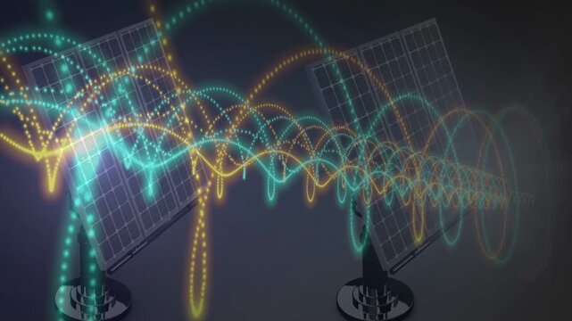 Left-panel sparks sending teal and gold dots weaving sine waves between panels showing interference