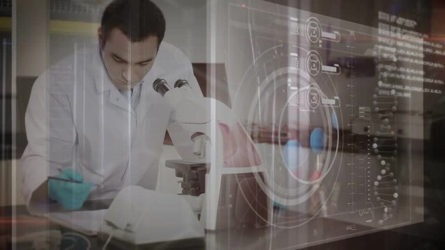 Scientist leaning into microscope, adjusting focus and writing notes while AR HUD guiding analysis