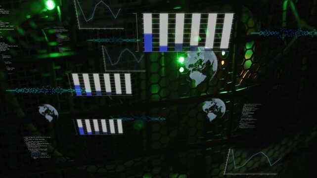 HUD elements emerging over hex mesh after server boot, scaling charts visualizing server metrics