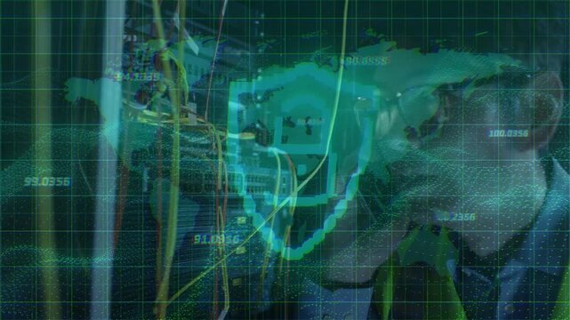 Receiving call tech holding phone leaning rack scanning cables HUD growing for network health