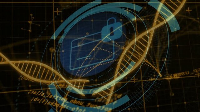 Cam framing shifting gold DNA helix waving across HUD rings showing lock envelope securing biotech