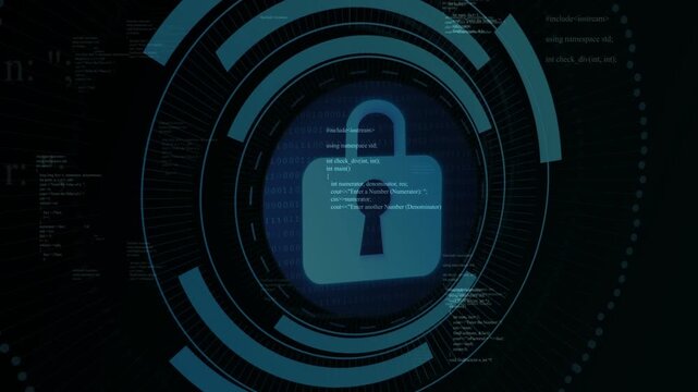 System booting circular HUD forming around padlock, rings aligning over code, signaling encryption