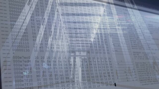 Data center aisle staying static after one sec overlay appearing rising into hex grid showing data