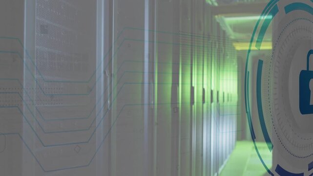 Server aisle on fade showing security HUD, circuit lines linking to lock indicating security