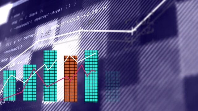 Thin white data line appearing, turquoise bars rising, orange marks marking data for finance