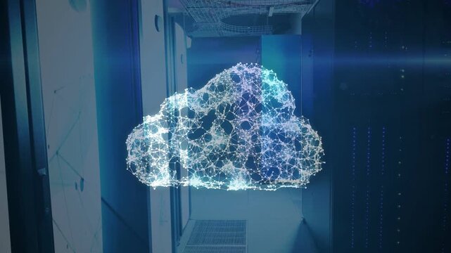 Signal forming wireframe cloud from left, pulsing and shedding particles, showing network in aisle